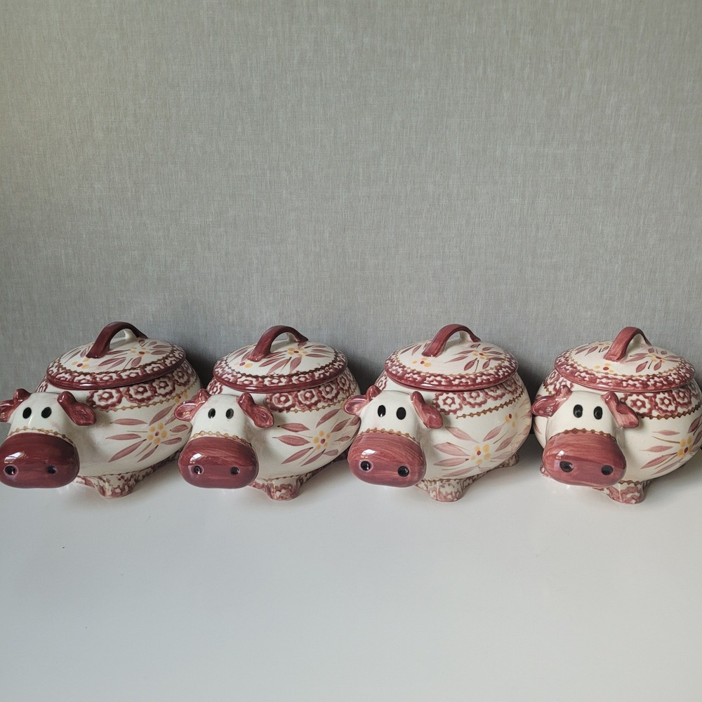 HTF Temp-tations Old World Cow Ramekins Set- 4 Rare Retired Ceramic Baking Cups